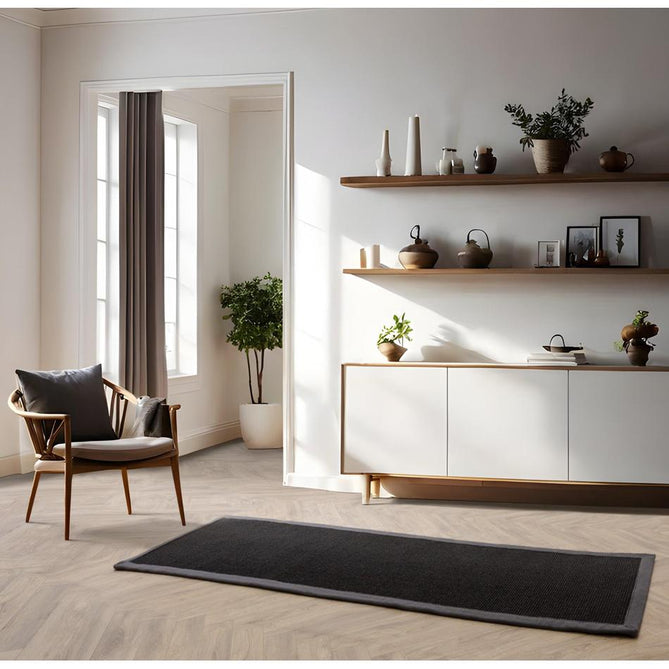 Sisal Modern Plain Cotton Border Natural-Fibre Ribbed Textured Flatweave Black/Steel Grey Rug-Asiatic Carpets-Rug Love - The Most Loved Rug Store