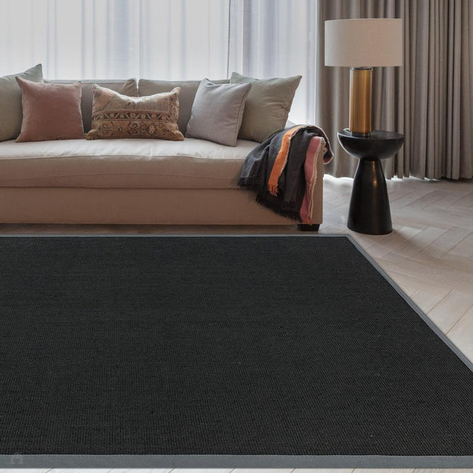 Sisal Modern Plain Cotton Border Natural-Fibre Ribbed Textured Flatweave Black/Steel Grey Runner-Asiatic Carpets-Rug Love - The Most Loved Rug Store