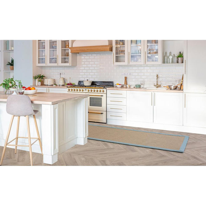 Sisal Modern Plain Cotton Border Natural-Fibre Ribbed Textured Flatweave Natural/Aqua Blue Rug-Asiatic Carpets-Rug Love - The Most Loved Rug Store