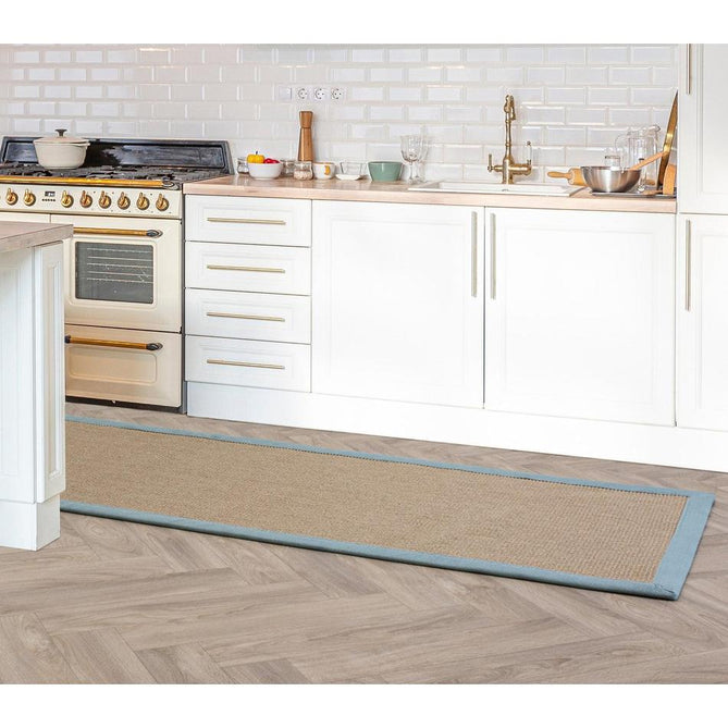 Sisal Modern Plain Cotton Border Natural-Fibre Ribbed Textured Flatweave Natural/Aqua Blue Runner-Asiatic Carpets-Rug Love - The Most Loved Rug Store