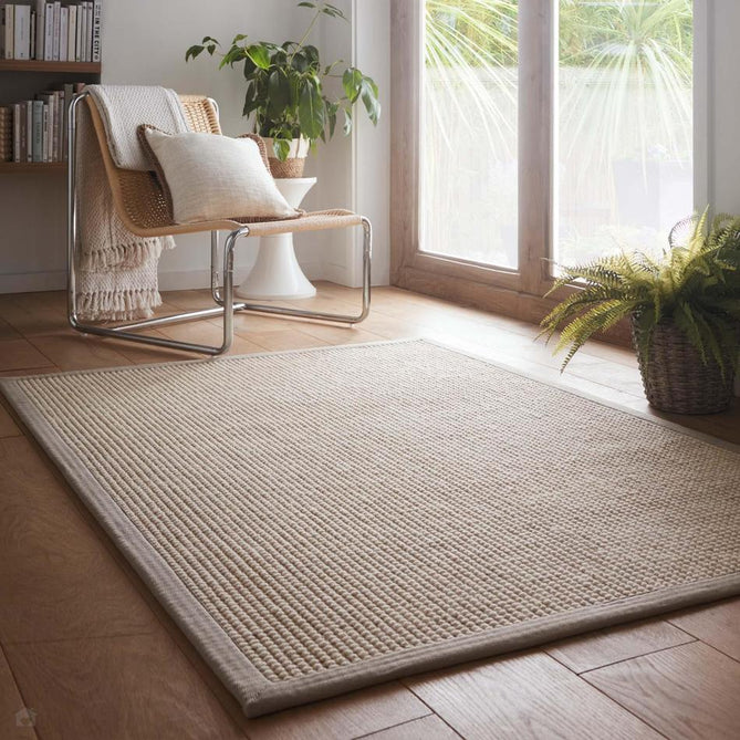 Sisal & Wool Boucle Border Plain Hand-Woven Textured Natural Fibre Chunky Flatweave Beige with Soft Grey Border Rug-Origins-Rug Love - The Most Loved Rug Store
