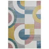 Sketch SK08 Retro Modern Geometric Soft Hand-Carved Low Flat-Pile Blue/Pink/Yellow/Cream/Multicolour Rug
