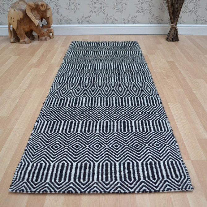 Sloan Modern Duo-Tone Geometric Diamond Hand-Woven Soft-Touch Durable Textured Wool & Cotton Blend Flatweave Black/Cream Runner-Asiatic Carpets-Rug Love - The Most Loved Rug Store