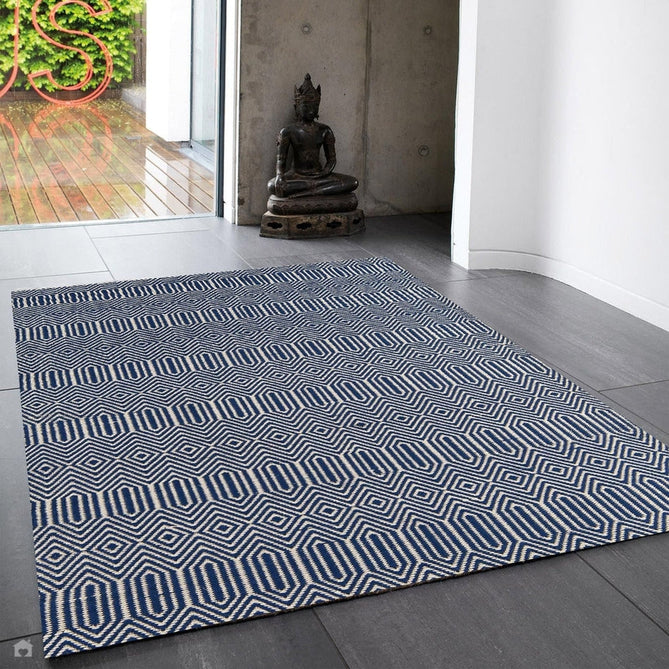 Sloan Modern Duo-Tone Geometric Diamond Hand-Woven Soft-Touch Durable Textured Wool & Cotton Blend Flatweave Blue/Cream Rug-Asiatic Carpets-Rug Love - The Most Loved Rug Store