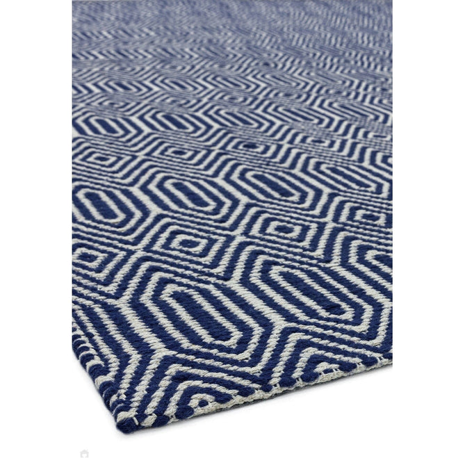 Sloan Modern Duo-Tone Geometric Diamond Hand-Woven Soft-Touch Durable Textured Wool & Cotton Blend Flatweave Blue/Cream Runner-Asiatic Carpets-Rug Love - The Most Loved Rug Store