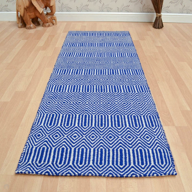 Sloan Modern Duo-Tone Geometric Diamond Hand-Woven Soft-Touch Durable Textured Wool & Cotton Blend Flatweave Blue/Cream Runner-Asiatic Carpets-Rug Love - The Most Loved Rug Store