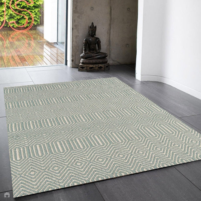Sloan Modern Duo-Tone Geometric Diamond Hand-Woven Soft-Touch Durable Textured Wool & Cotton Blend Flatweave Duck Egg/Cream Rug-Asiatic Carpets-Rug Love - The Most Loved Rug Store