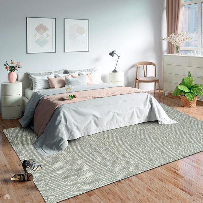 Sloan Modern Duo-Tone Geometric Diamond Hand-Woven Soft-Touch Durable Textured Wool & Cotton Blend Flatweave Duck Egg/Cream Rug-Asiatic Carpets-Rug Love - The Most Loved Rug Store