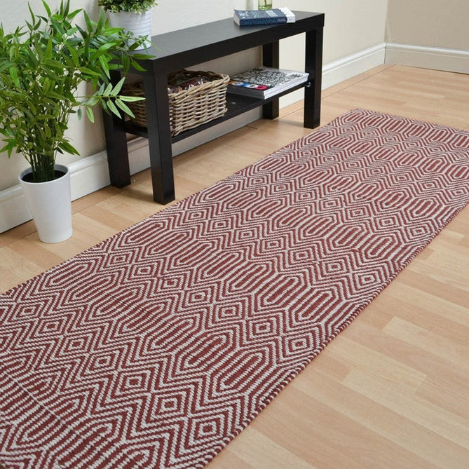 Sloan Modern Duo-Tone Geometric Diamond Hand-Woven Soft-Touch Durable Textured Wool & Cotton Blend Flatweave Marsala Red/Cream Runner-Asiatic Carpets-Rug Love - The Most Loved Rug Store
