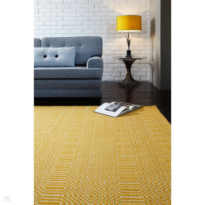 Sloan Modern Duo-Tone Geometric Diamond Hand-Woven Soft-Touch Durable Textured Wool & Cotton Blend Flatweave Mustard/Cream Rug-Asiatic Carpets-Rug Love - The Most Loved Rug Store