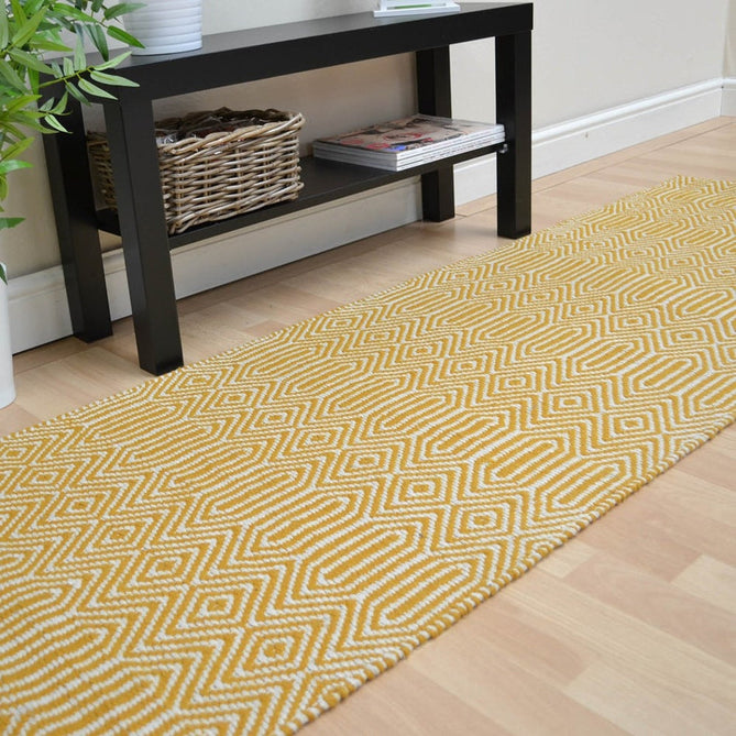 Sloan Modern Duo-Tone Geometric Diamond Hand-Woven Soft-Touch Durable Textured Wool & Cotton Blend Flatweave Mustard/Cream Runner-Asiatic Carpets-Rug Love - The Most Loved Rug Store
