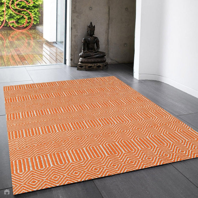 Sloan Modern Duo-Tone Geometric Diamond Hand-Woven Soft-Touch Durable Textured Wool & Cotton Blend Flatweave Orange/Cream Rug-Asiatic Carpets-Rug Love - The Most Loved Rug Store