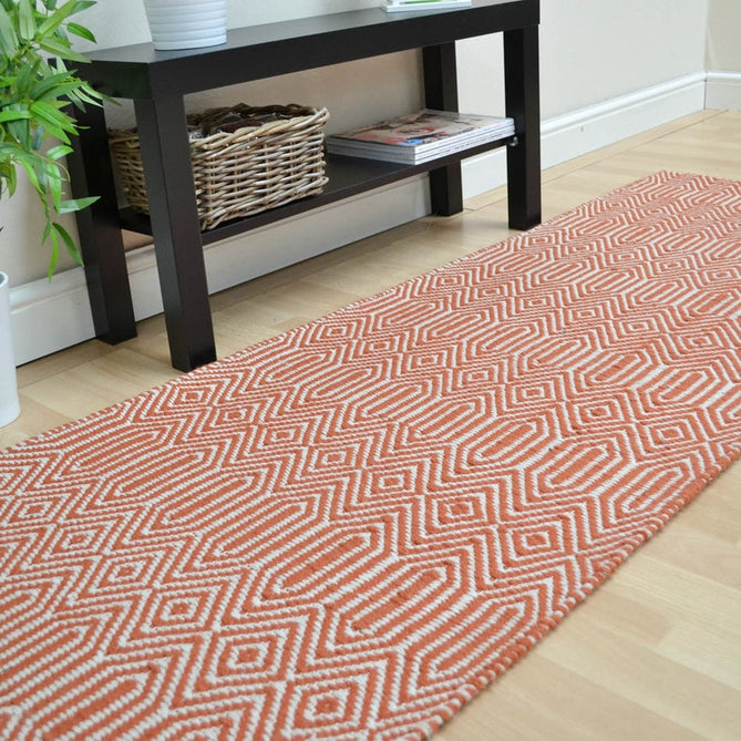 Sloan Modern Duo-Tone Geometric Diamond Hand-Woven Soft-Touch Durable Textured Wool & Cotton Blend Flatweave Orange/Cream Runner-Asiatic Carpets-Rug Love - The Most Loved Rug Store