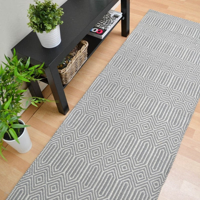 Sloan Modern Duo-Tone Geometric Diamond Hand-Woven Soft-Touch Durable Textured Wool & Cotton Blend Flatweave Silver Grey/Cream Runner-Asiatic Carpets-Rug Love - The Most Loved Rug Store