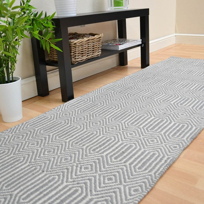 Sloan Modern Duo-Tone Geometric Diamond Hand-Woven Soft-Touch Durable Textured Wool & Cotton Blend Flatweave Silver Grey/Cream Runner-Asiatic Carpets-Rug Love - The Most Loved Rug Store