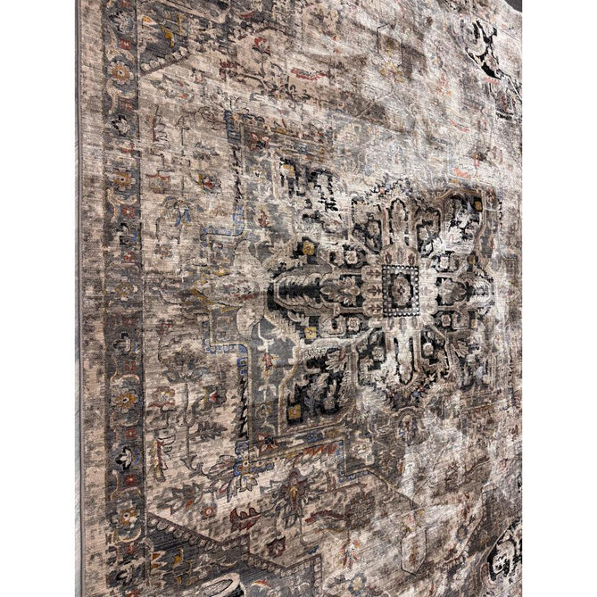 Sovereign Traditional Persian Vintage Distressed Shimmer Medallion Border Soft-Touch Ribbed Textured Polyester Low Flat-Pile Antique Grey/Beige/Charcoal/Multi Rug-Asiatic Carpets-Rug Love - The Most Loved Rug Store