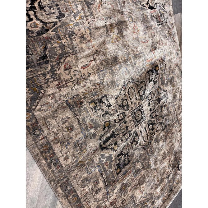 Sovereign Traditional Persian Vintage Distressed Shimmer Medallion Border Soft-Touch Ribbed Textured Polyester Low Flat-Pile Antique Grey/Beige/Charcoal/Multi Rug-Asiatic Carpets-Rug Love - The Most Loved Rug Store