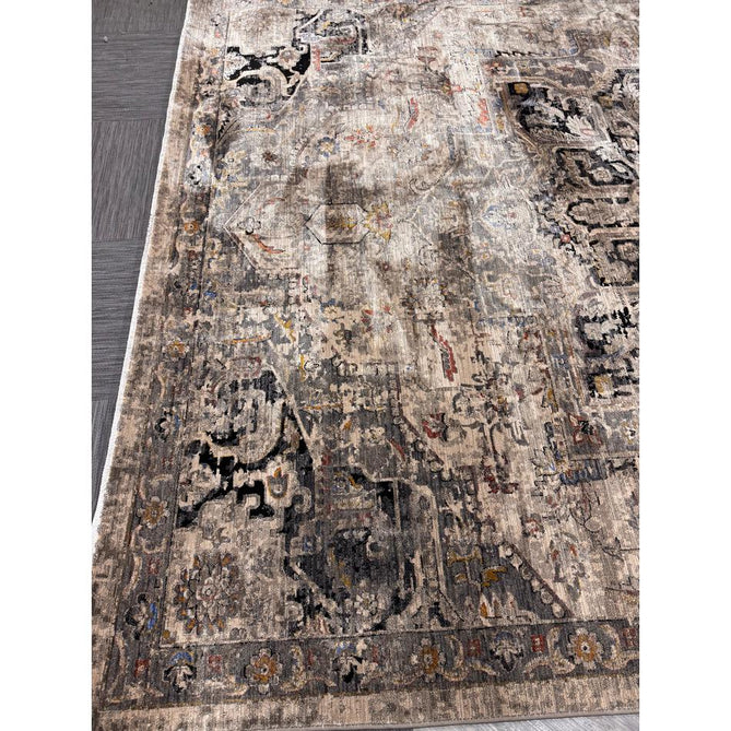 Sovereign Traditional Persian Vintage Distressed Shimmer Medallion Border Soft-Touch Ribbed Textured Polyester Low Flat-Pile Antique Grey/Beige/Charcoal/Multi Rug-Asiatic Carpets-Rug Love - The Most Loved Rug Store