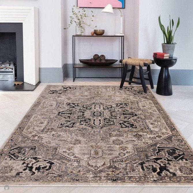 Sovereign Traditional Persian Vintage Distressed Shimmer Medallion Border Soft-Touch Ribbed Textured Polyester Low Flat-Pile Antique Grey/Beige/Charcoal/Multi Rug-Asiatic Carpets-Rug Love - The Most Loved Rug Store