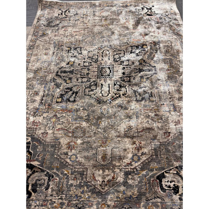 Sovereign Traditional Persian Vintage Distressed Shimmer Medallion Border Soft-Touch Ribbed Textured Polyester Low Flat-Pile Antique Grey/Beige/Charcoal/Multi Rug-Asiatic Carpets-Rug Love - The Most Loved Rug Store