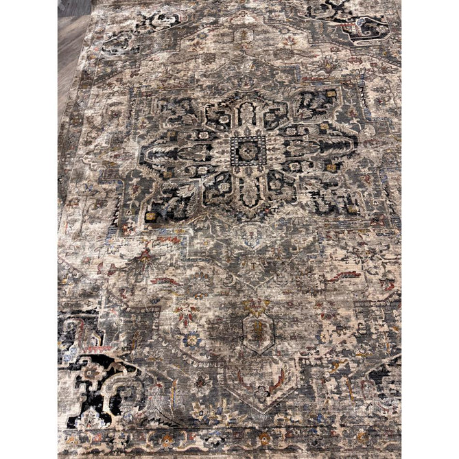 Sovereign Traditional Persian Vintage Distressed Shimmer Medallion Border Soft-Touch Ribbed Textured Polyester Low Flat-Pile Antique Grey/Beige/Charcoal/Multi Rug-Asiatic Carpets-Rug Love - The Most Loved Rug Store