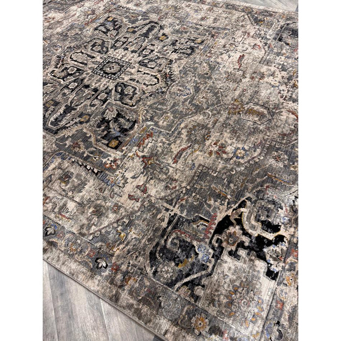 Sovereign Traditional Persian Vintage Distressed Shimmer Medallion Border Soft-Touch Ribbed Textured Polyester Low Flat-Pile Antique Grey/Beige/Charcoal/Multi Rug-Asiatic Carpets-Rug Love - The Most Loved Rug Store