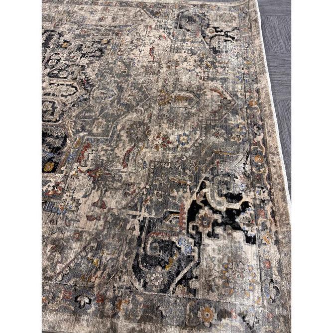 Sovereign Traditional Persian Vintage Distressed Shimmer Medallion Border Soft-Touch Ribbed Textured Polyester Low Flat-Pile Antique Grey/Beige/Charcoal/Multi Rug-Asiatic Carpets-Rug Love - The Most Loved Rug Store