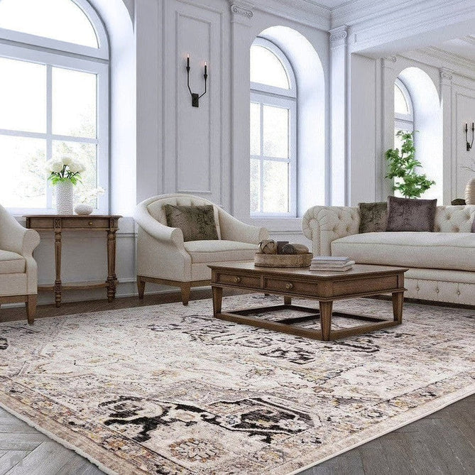 Sovereign Traditional Persian Vintage Distressed Shimmer Medallion Border Soft-Touch Ribbed Textured Polyester Low Flat-Pile Antique Grey/Beige/Charcoal/Multi Rug-Asiatic Carpets-Rug Love - The Most Loved Rug Store