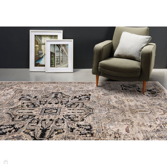 Sovereign Traditional Persian Vintage Distressed Shimmer Medallion Border Soft-Touch Ribbed Textured Polyester Low Flat-Pile Antique Grey/Beige/Charcoal/Multi Rug-Asiatic Carpets-Rug Love - The Most Loved Rug Store
