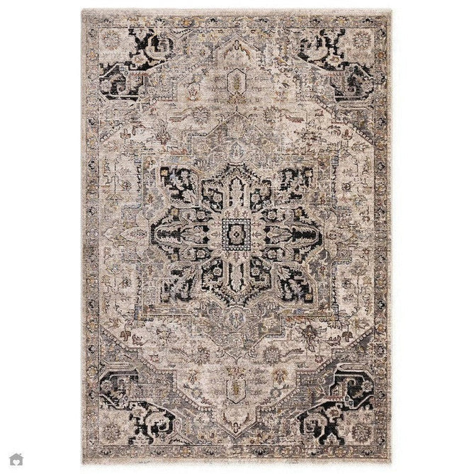 Sovereign Traditional Persian Vintage Distressed Shimmer Medallion Border Soft-Touch Ribbed Textured Polyester Low Flat-Pile Antique Grey/Beige/Charcoal/Multi Rug-Asiatic Carpets-Rug Love - The Most Loved Rug Store