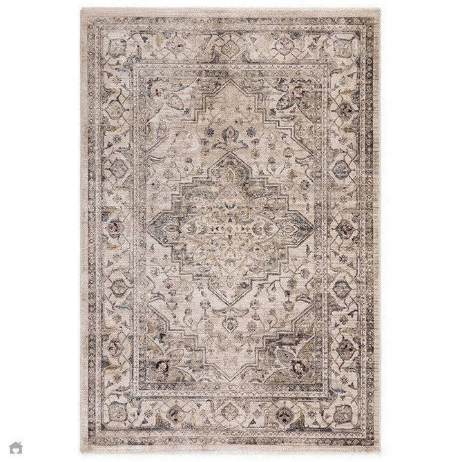 Sovereign Traditional Persian Vintage Distressed Shimmer Medallion Border Soft-Touch Ribbed Textured Polyester Low Flat-Pile Ash Beige/Natural/Grey/Multi Rug 160 x 240 cm-Shop Returns-Rug Love - The Most Loved Rug Store