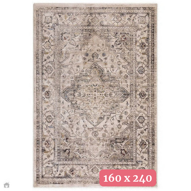 Sovereign Traditional Persian Vintage Distressed Shimmer Medallion Border Soft-Touch Ribbed Textured Polyester Low Flat-Pile Ash Beige/Natural/Grey/Multi Rug 160 x 240 cm-Shop Returns-Rug Love - The Most Loved Rug Store