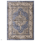 Sovereign Traditional Persian Vintage Distressed Shimmer Medallion Border Soft-Touch Ribbed Textured Polyester Low Flat-Pile Blue/Beige Rug