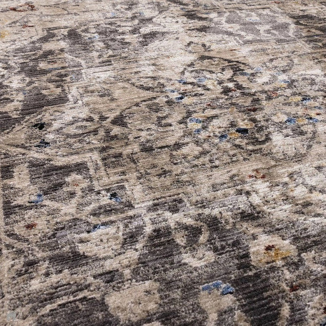 Sovereign Traditional Persian Vintage Distressed Shimmer Medallion Border Soft-Touch Ribbed Textured Polyester Low Flat-Pile Charcoal Grey/Silver Rug-Asiatic Carpets-Rug Love - The Most Loved Rug Store