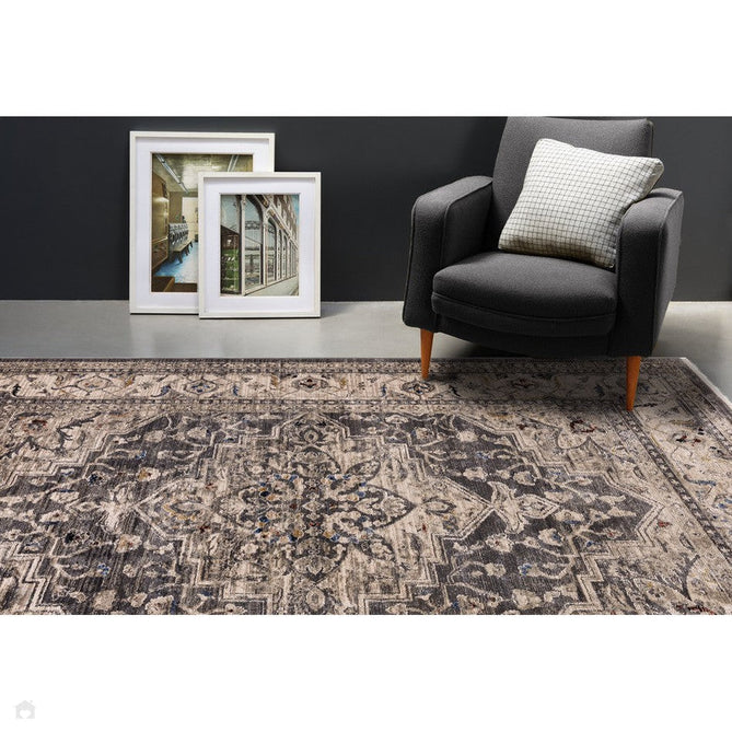 Sovereign Traditional Persian Vintage Distressed Shimmer Medallion Border Soft-Touch Ribbed Textured Polyester Low Flat-Pile Charcoal Grey/Silver Rug-Asiatic Carpets-Rug Love - The Most Loved Rug Store