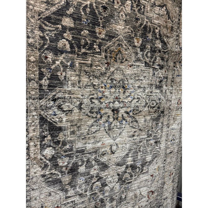 Sovereign Traditional Persian Vintage Distressed Shimmer Medallion Border Soft-Touch Ribbed Textured Polyester Low Flat-Pile Charcoal Grey/Silver Rug-Asiatic Carpets-Rug Love - The Most Loved Rug Store