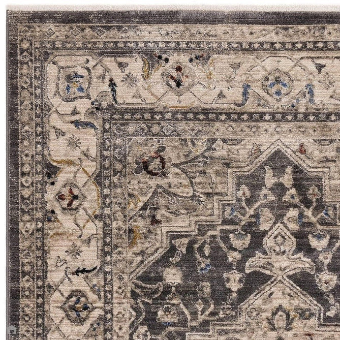 Sovereign Traditional Persian Vintage Distressed Shimmer Medallion Border Soft-Touch Ribbed Textured Polyester Low Flat-Pile Charcoal Grey/Silver Rug-Asiatic Carpets-Rug Love - The Most Loved Rug Store