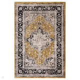 Sovereign Traditional Persian Vintage Distressed Shimmer Medallion Border Soft-Touch Ribbed Textured Polyester Low Flat-Pile Gold Rug