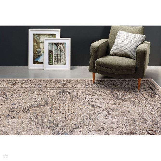 Sovereign Traditional Persian Vintage Distressed Shimmer Medallion Border Soft-Touch Ribbed Textured Polyester Low Profile Short Pile Fringe Ash Beige/Natural/Grey/Multi Rug-Asiatic Carpets-Rug Love - The Most Loved Rug Store