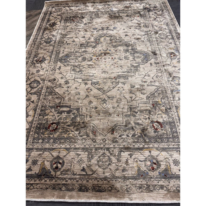 Sovereign Traditional Persian Vintage Distressed Shimmer Medallion Border Soft-Touch Ribbed Textured Polyester Low Profile Short Pile Fringe Ash Beige/Natural/Grey/Multi Rug-Asiatic Carpets-Rug Love - The Most Loved Rug Store