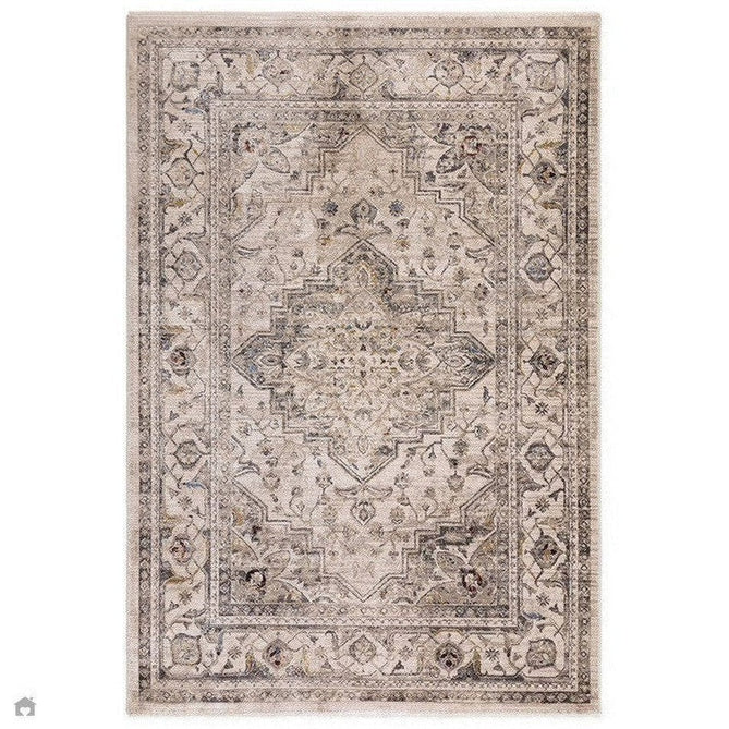Sovereign Traditional Persian Vintage Distressed Shimmer Medallion Border Soft-Touch Ribbed Textured Polyester Low Profile Short Pile Fringe Ash Beige/Natural/Grey/Multi Rug-Asiatic Carpets-Rug Love - The Most Loved Rug Store