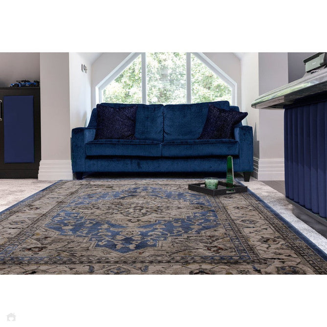 Sovereign Traditional Persian Vintage Distressed Shimmer Medallion Border Soft-Touch Ribbed Textured Polyester Low Profile Short Pile Fringe Blue/Beige/Grey/Charcoal/Multi Rug-Asiatic Carpets-Rug Love - The Most Loved Rug Store