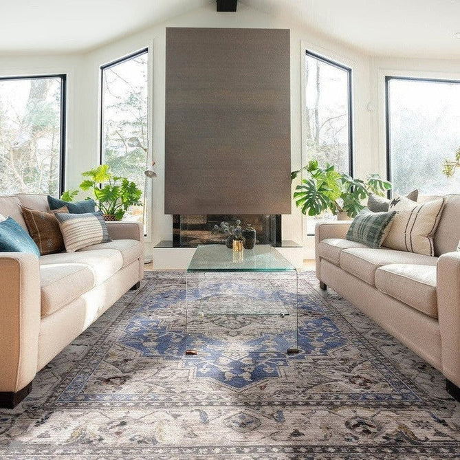 Sovereign Traditional Persian Vintage Distressed Shimmer Medallion Border Soft-Touch Ribbed Textured Polyester Low Profile Short Pile Fringe Blue/Beige/Grey/Charcoal/Multi Rug-Asiatic Carpets-Rug Love - The Most Loved Rug Store