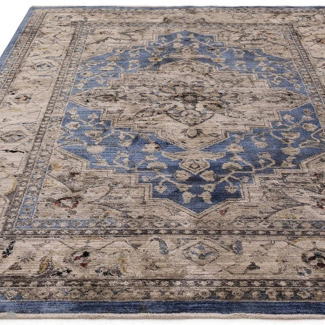 Sovereign Traditional Persian Vintage Distressed Shimmer Medallion Border Soft-Touch Ribbed Textured Polyester Low Profile Short Pile Fringe Blue/Beige/Grey/Charcoal/Multi Rug-Asiatic Carpets-Rug Love - The Most Loved Rug Store