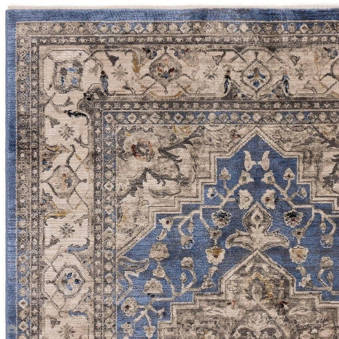 Sovereign Traditional Persian Vintage Distressed Shimmer Medallion Border Soft-Touch Ribbed Textured Polyester Low Profile Short Pile Fringe Blue/Beige/Grey/Charcoal/Multi Rug-Asiatic Carpets-Rug Love - The Most Loved Rug Store