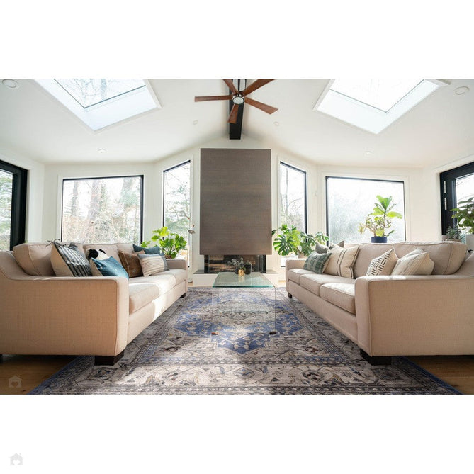 Sovereign Traditional Persian Vintage Distressed Shimmer Medallion Border Soft-Touch Ribbed Textured Polyester Low Profile Short Pile Fringe Blue/Beige/Grey/Charcoal/Multi Rug-Asiatic Carpets-Rug Love - The Most Loved Rug Store