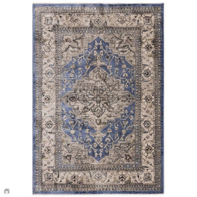 Sovereign Traditional Persian Vintage Distressed Shimmer Medallion Border Soft-Touch Ribbed Textured Polyester Low Profile Short Pile Fringe Blue/Beige/Grey/Charcoal/Multi Rug-Asiatic Carpets-Rug Love - The Most Loved Rug Store