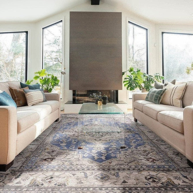 Sovereign Traditional Persian Vintage Distressed Shimmer Medallion Border Soft-Touch Ribbed Textured Polyester Low Profile Short Pile Fringe Blue/Beige/Grey/Charcoal/Multi Rug-Asiatic Carpets-Rug Love - The Most Loved Rug Store