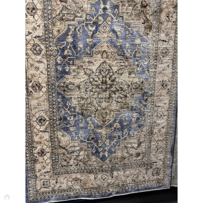 Sovereign Traditional Persian Vintage Distressed Shimmer Medallion Border Soft-Touch Ribbed Textured Polyester Low Profile Short Pile Fringe Blue/Beige/Grey/Charcoal/Multi Rug-Asiatic Carpets-Rug Love - The Most Loved Rug Store