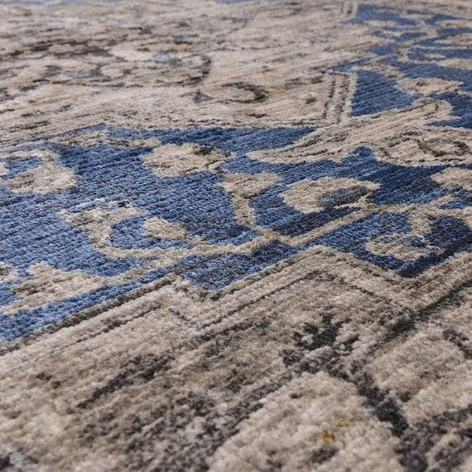Sovereign Traditional Persian Vintage Distressed Shimmer Medallion Border Soft-Touch Ribbed Textured Polyester Low Profile Short Pile Fringe Blue/Beige/Grey/Charcoal/Multi Rug-Asiatic Carpets-Rug Love - The Most Loved Rug Store
